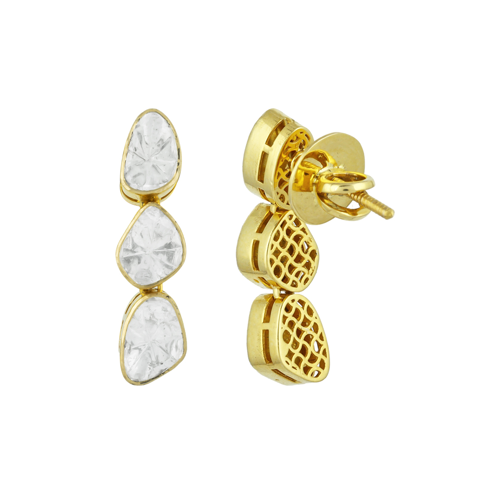 Triple Polki Diamond Earrings in Open Gold Setting